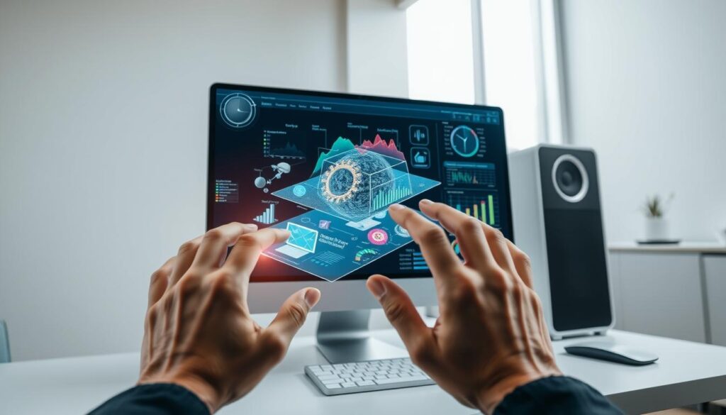A sleek, modern desktop computer with a holographic interface, casting a soft glow across the workspace. The display showcases a 3D simulation of a complex problem, with colorful data visualizations and analytical tools floating around the screen. In the foreground, a pair of hands manipulate the hologram, using intuitive gestures to manipulate the data and experiment with potential solutions. The background is a minimalist office setting, with clean lines, muted tones, and subtle hints of technology, creating a sense of effortless innovation and problem-solving. A sleek, modern desktop computer with a holographic interface, casting a soft glow across the workspace. The display showcases a 3D simulation of a complex problem, with colorful data visualizations and analytical tools floating around the screen. In the foreground, a pair of hands manipulate the hologram, using intuitive gestures to manipulate the data and experiment with potential solutions. The background is a minimalist office setting, with clean lines, muted tones, and subtle hints of technology, creating a sense of effortless innovation and problem-solving.