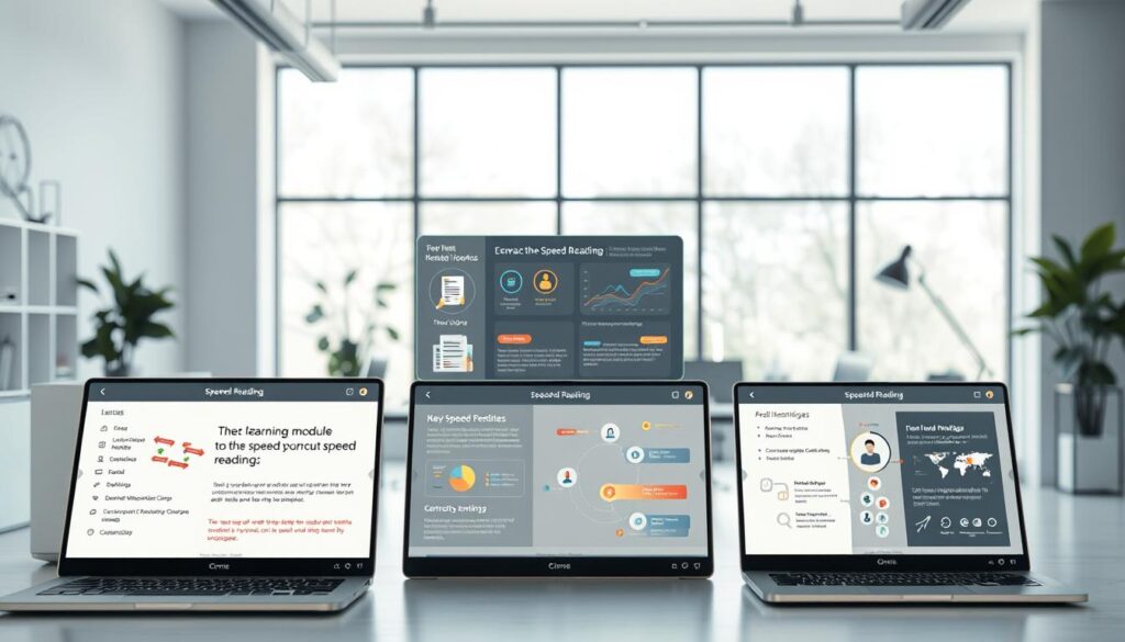 A sleek, modern e-learning platform with minimalist interfaces showcasing speed reading modules. The foreground features interactive lessons and exercises, with clean typography and intuitive UI elements. In the middle ground, learners engage with dynamic visualizations and interactive infographics, demonstrating key speed reading techniques. The background depicts a serene, focused workspace, with natural lighting cascading through large windows, creating a calming and productive atmosphere conducive to effective learning. The overall aesthetic is one of efficiency, clarity, and a seamless blend of technology and pedagogy. A sleek, modern e-learning platform with minimalist interfaces showcasing speed reading modules. The foreground features interactive lessons and exercises, with clean typography and intuitive UI elements. In the middle ground, learners engage with dynamic visualizations and interactive infographics, demonstrating key speed reading techniques. The background depicts a serene, focused workspace, with natural lighting cascading through large windows, creating a calming and productive atmosphere conducive to effective learning. The overall aesthetic is one of efficiency, clarity, and a seamless blend of technology and pedagogy.