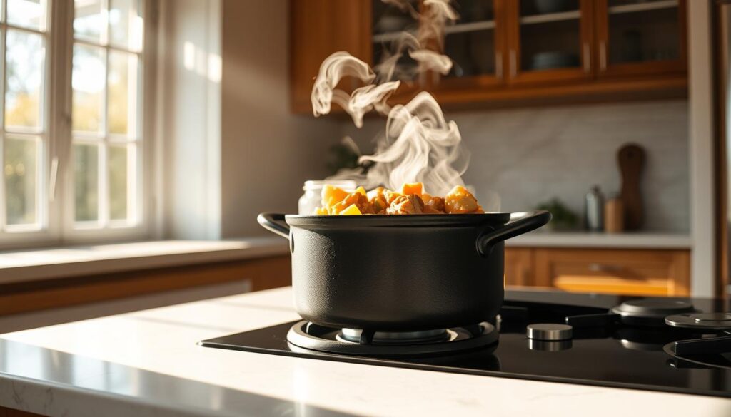 A spotlessly clean kitchen counter with a single pot simmering on the stove, steam gently curling upwards. The pot is cast iron, with a rich, dark patina, and the contents are a hearty, homemade stew - chunks of tender meat, vibrant vegetables, and a thick, flavorful broth. Sunlight streams in through large windows, casting a warm, golden glow over the scene. The mood is one of simplicity, comfort, and mindful ease. The camera angle is slightly elevated, capturing the scene from an overhead perspective, emphasizing the effortless, one-pot preparation. The lighting is soft and natural, with no harsh shadows or distractions. This image conveys the essence of easy, healthy one-pot cooking that minimizes cleanup time. A spotlessly clean kitchen counter with a single pot simmering on the stove, steam gently curling upwards. The pot is cast iron, with a rich, dark patina, and the contents are a hearty, homemade stew - chunks of tender meat, vibrant vegetables, and a thick, flavorful broth. Sunlight streams in through large windows, casting a warm, golden glow over the scene. The mood is one of simplicity, comfort, and mindful ease. The camera angle is slightly elevated, capturing the scene from an overhead perspective, emphasizing the effortless, one-pot preparation. The lighting is soft and natural, with no harsh shadows or distractions. This image conveys the essence of easy, healthy one-pot cooking that minimizes cleanup time.