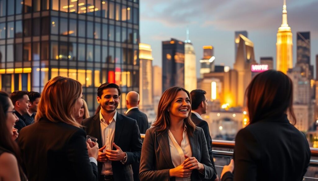 A stylish professional networking event set against a vibrant urban backdrop. The foreground features a group of well-dressed individuals engaged in lively conversation, their expressions animated and their body language open. The middle ground showcases a modern glass-and-steel office building, its sleek architecture bathed in warm, golden lighting. In the background, a city skyline glimmers with skyscrapers and neon signs, creating a sense of energy and opportunity. The overall mood is one of optimism, connection, and the potential for growth and advancement during a sabbatical or extended break. A stylish professional networking event set against a vibrant urban backdrop. The foreground features a group of well-dressed individuals engaged in lively conversation, their expressions animated and their body language open. The middle ground showcases a modern glass-and-steel office building, its sleek architecture bathed in warm, golden lighting. In the background, a city skyline glimmers with skyscrapers and neon signs, creating a sense of energy and opportunity. The overall mood is one of optimism, connection, and the potential for growth and advancement during a sabbatical or extended break.