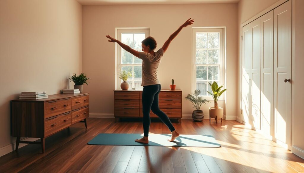 A sun-dappled bedroom with hardwood floors, a large window illuminating the space. In the foreground, a person performs dynamic stretches, their body in graceful motion. Across the middle ground, a yoga mat and a small stack of books sit on a minimalist wooden dresser. In the background, potted plants add a touch of nature, and the soft, warm lighting creates a serene, inviting atmosphere. The scene exudes a sense of mindfulness, productivity, and a positive start to the day.