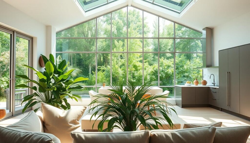 A sun-drenched, airy living space filled with natural elements. In the foreground, a cozy seating area with plush cushions and a large, lush potted plant. In the middle ground, an open-concept kitchen with sleek, minimalist cabinets and a large window overlooking a verdant outdoor scene. The background features a wall of floor-to-ceiling windows, allowing ample natural light to pour in and illuminate the space. The overall atmosphere is one of calm, tranquility, and a harmonious blend of indoor and outdoor living. Shot with a wide-angle lens to capture the sense of openness and flow. The lighting is soft and diffused, creating a serene, therapeutic ambiance.