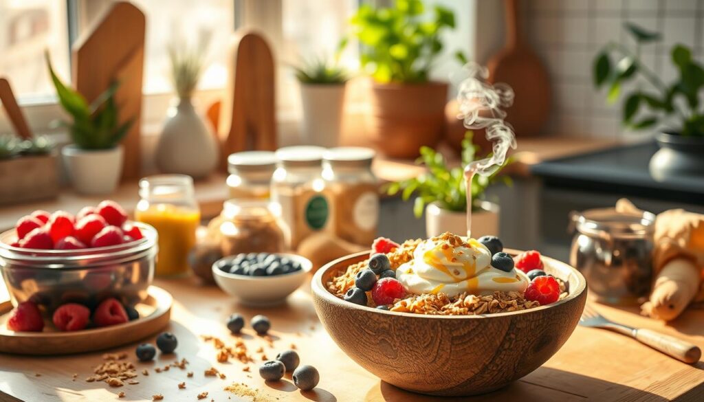 A sun-drenched kitchen countertop filled with a colorful array of adaptogenic ingredients: fresh berries, crunchy granola, creamy yogurt, drizzles of honey, and vibrant superfood powders like ashwagandha, maca, and cordyceps. Soft natural lighting accentuates the textures and hues, creating an inviting, wellness-focused atmosphere. In the foreground, a rustic wooden bowl overflows with a nourishing adaptogen breakfast bowl, accompanied by a steaming mug of herbal tea. The middle ground showcases various jars and bottles showcasing the key adaptogens, while the background features lush potted plants and minimalist kitchen decor, evoking a sense of tranquility and mindfulness. A sun-drenched kitchen countertop filled with a colorful array of adaptogenic ingredients: fresh berries, crunchy granola, creamy yogurt, drizzles of honey, and vibrant superfood powders like ashwagandha, maca, and cordyceps. Soft natural lighting accentuates the textures and hues, creating an inviting, wellness-focused atmosphere. In the foreground, a rustic wooden bowl overflows with a nourishing adaptogen breakfast bowl, accompanied by a steaming mug of herbal tea. The middle ground showcases various jars and bottles showcasing the key adaptogens, while the background features lush potted plants and minimalist kitchen decor, evoking a sense of tranquility and mindfulness.