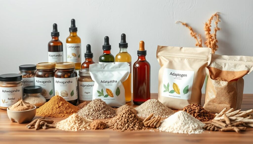 A tabletop scene showcasing an array of adaptogen powders and extracts. In the foreground, various jars and bags of powdered adaptogens such as ashwagandha, rhodiola, and cordyceps are arranged neatly. In the middle ground, tinctures and liquid extracts of these adaptogens are displayed in glass bottles, their vibrant hues contrasting with the neutral tones of the powders. The background features a simple, minimalist backdrop, allowing the natural colors and textures of the adaptogens to take center stage. Soft, natural lighting illuminates the scene, creating a serene and inviting atmosphere. The overall composition emphasizes the diversity and potential benefits of incorporating both adaptogen powders and extracts into one's daily wellness routine. A tabletop scene showcasing an array of adaptogen powders and extracts. In the foreground, various jars and bags of powdered adaptogens such as ashwagandha, rhodiola, and cordyceps are arranged neatly. In the middle ground, tinctures and liquid extracts of these adaptogens are displayed in glass bottles, their vibrant hues contrasting with the neutral tones of the powders. The background features a simple, minimalist backdrop, allowing the natural colors and textures of the adaptogens to take center stage. Soft, natural lighting illuminates the scene, creating a serene and inviting atmosphere. The overall composition emphasizes the diversity and potential benefits of incorporating both adaptogen powders and extracts into one's daily wellness routine.