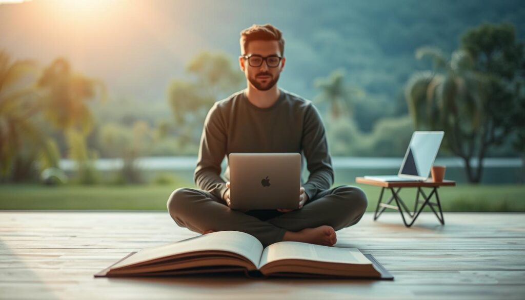 A thoughtful individual sitting cross-legged, deep in contemplation, surrounded by a serene landscape. The soft, warm lighting casts a reflective glow, evoking a sense of introspection. In the foreground, an open journal lies, symbolizing the act of documenting personal growth. The middle ground features a small desk with a laptop, signifying the use of technology to aid in the weekly review process. The background depicts a tranquil, natural setting, such as a secluded garden or a peaceful lake, emphasizing the importance of finding stillness and clarity. The overall mood is one of inner focus, self-awareness, and the transformative power of regular self-reflection. A thoughtful individual sitting cross-legged, deep in contemplation, surrounded by a serene landscape. The soft, warm lighting casts a reflective glow, evoking a sense of introspection. In the foreground, an open journal lies, symbolizing the act of documenting personal growth. The middle ground features a small desk with a laptop, signifying the use of technology to aid in the weekly review process. The background depicts a tranquil, natural setting, such as a secluded garden or a peaceful lake, emphasizing the importance of finding stillness and clarity. The overall mood is one of inner focus, self-awareness, and the transformative power of regular self-reflection.