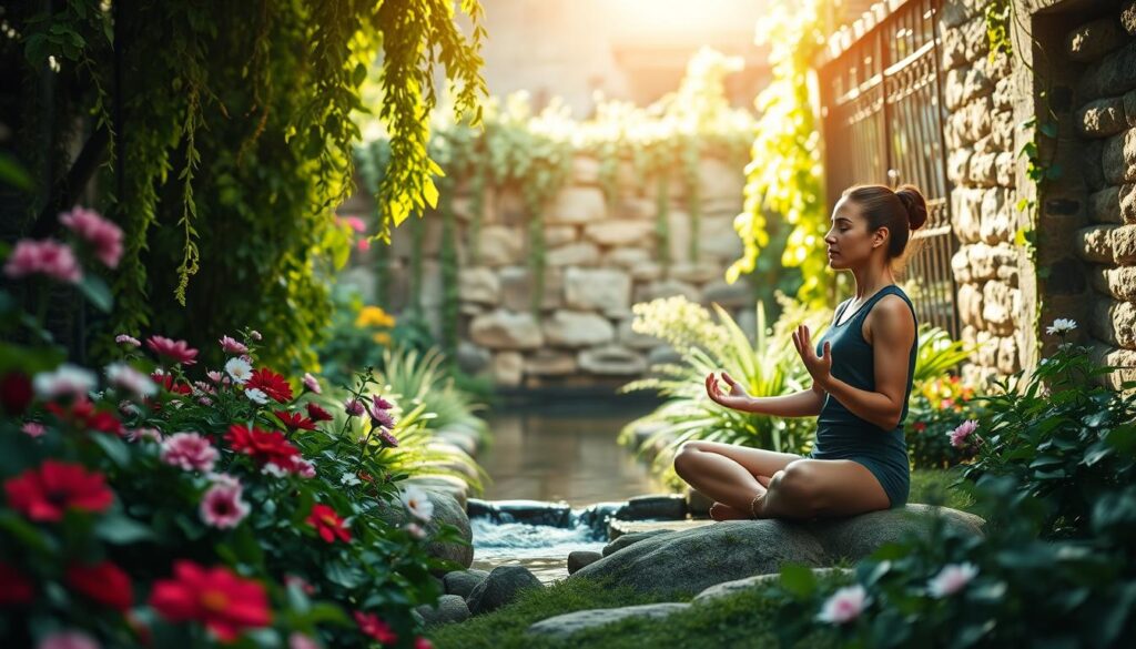 A tranquil garden oasis, soft sunlight filtering through lush foliage. In the foreground, a person sits cross-legged, eyes closed, hands resting on their lap, practicing mindful meditation. Surrounding them, vibrant flowers and cascading greenery create a soothing, restorative atmosphere. In the middle ground, a small, gently flowing stream reflects the serene scene. The background features a weathered stone wall, partially obscured by trailing vines, evoking a sense of timelessness and retreat from the stresses of the outside world. The overall mood is one of calm, introspection, and the rejuvenating power of embracing boundaries and self-care.