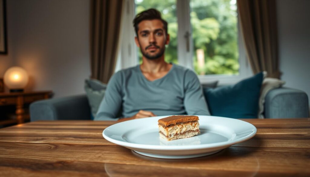A tranquil scene of a person in a serene home setting, balanced between the temptation of a delectable keto-friendly dessert and the discipline of maintaining a healthy lifestyle. The foreground features a plate with a perfectly portioned and artfully presented low-carb treat, invitingly displayed on a wooden table. The middle ground showcases the person, seated comfortably and contemplating their choices, their expression one of mindful consideration. In the background, a window offers a glimpse of a lush, green outdoor space, symbolizing the harmony between indulgence and wellbeing. Soft, natural lighting illuminates the scene, creating a warm, introspective atmosphere. The overall composition conveys the delicate balance of enjoying life's pleasures while staying true to one's health and fitness goals. A tranquil scene of a person in a serene home setting, balanced between the temptation of a delectable keto-friendly dessert and the discipline of maintaining a healthy lifestyle. The foreground features a plate with a perfectly portioned and artfully presented low-carb treat, invitingly displayed on a wooden table. The middle ground showcases the person, seated comfortably and contemplating their choices, their expression one of mindful consideration. In the background, a window offers a glimpse of a lush, green outdoor space, symbolizing the harmony between indulgence and wellbeing. Soft, natural lighting illuminates the scene, creating a warm, introspective atmosphere. The overall composition conveys the delicate balance of enjoying life's pleasures while staying true to one's health and fitness goals.