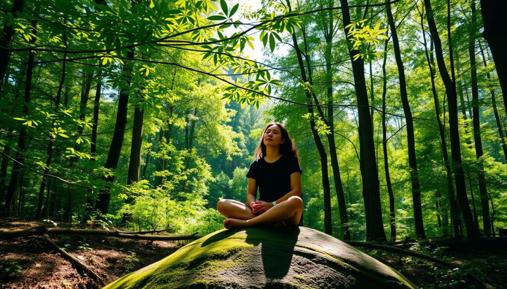 A tranquil, sun-dappled forest glade, where a person sits cross-legged on a mossy rock, eyes closed in deep contemplation. The air is crisp and clean, with a soft breeze rustling the verdant canopy above. The figure's expression is one of serene focus, their hands resting gently in their lap as they journey inward on a path of self-discovery. The overall mood is one of introspection, clarity, and the profound realization that can arise from quiet, mindful self-examination. A tranquil, sun-dappled forest glade, where a person sits cross-legged on a mossy rock, eyes closed in deep contemplation. The air is crisp and clean, with a soft breeze rustling the verdant canopy above. The figure's expression is one of serene focus, their hands resting gently in their lap as they journey inward on a path of self-discovery. The overall mood is one of introspection, clarity, and the profound realization that can arise from quiet, mindful self-examination.