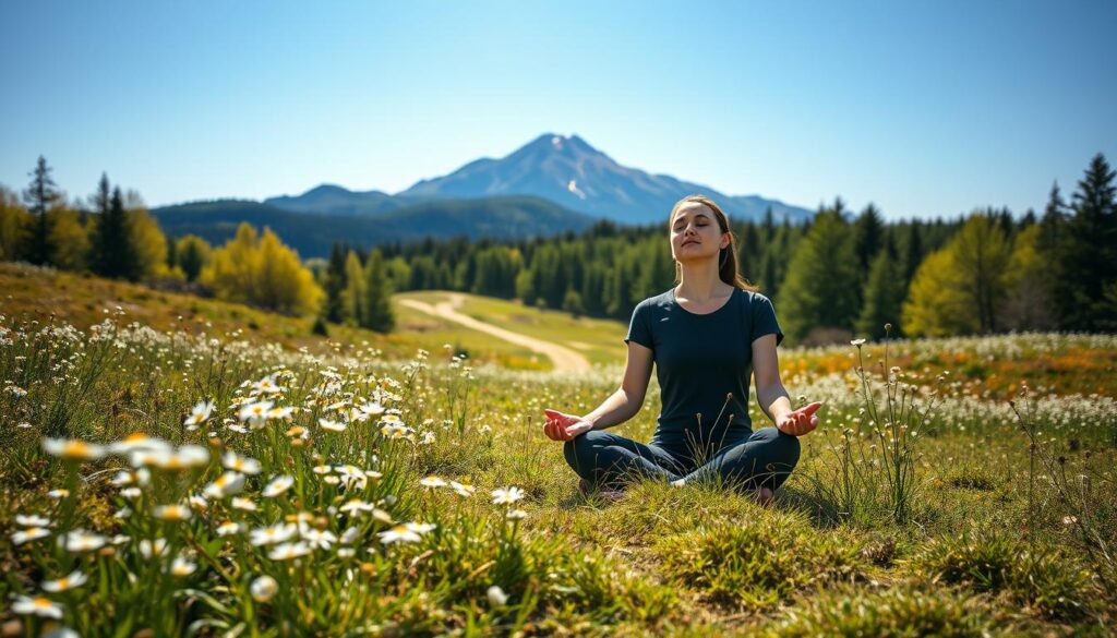 A tranquil, sun-dappled meadow on a crisp spring day. In the foreground, a person sits cross-legged, eyes closed, expression serene, radiating a sense of inner calm and focus. Surrounding them, delicate wildflowers sway gently in the breeze. In the middle ground, a winding path leads into a verdant forest, symbolizing the journey of personal growth. In the distance, a majestic mountain range rises, its peaks bathed in a warm, golden light, evoking a feeling of inspiration and boundless possibility. The overall mood is one of introspection, determination, and the transformative power of a positive mindset. A tranquil, sun-dappled meadow on a crisp spring day. In the foreground, a person sits cross-legged, eyes closed, expression serene, radiating a sense of inner calm and focus. Surrounding them, delicate wildflowers sway gently in the breeze. In the middle ground, a winding path leads into a verdant forest, symbolizing the journey of personal growth. In the distance, a majestic mountain range rises, its peaks bathed in a warm, golden light, evoking a feeling of inspiration and boundless possibility. The overall mood is one of introspection, determination, and the transformative power of a positive mindset.