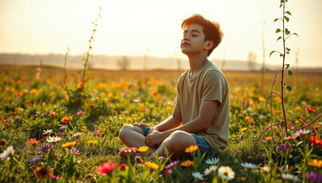 A tranquil, sun-dappled meadow, the ground dotted with vibrant wildflowers. In the foreground, a young person sits cross-legged, eyes closed, an expression of serene contemplation. Surrounding them, a thriving, verdant garden representing the growth and transformation of their mindset. In the middle ground, vines and tendrils climb upwards, symbolizing the journey of personal development. The background is a soft, hazy horizon, bathed in warm, golden light, conveying a sense of expansive possibility. The overall atmosphere is one of peaceful introspection, nurturing, and limitless potential. A tranquil, sun-dappled meadow, the ground dotted with vibrant wildflowers. In the foreground, a young person sits cross-legged, eyes closed, an expression of serene contemplation. Surrounding them, a thriving, verdant garden representing the growth and transformation of their mindset. In the middle ground, vines and tendrils climb upwards, symbolizing the journey of personal development. The background is a soft, hazy horizon, bathed in warm, golden light, conveying a sense of expansive possibility. The overall atmosphere is one of peaceful introspection, nurturing, and limitless potential.