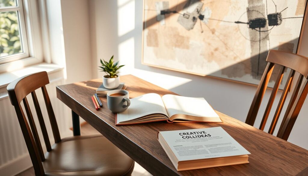 A tranquil, sun-dappled office space with a wooden desk and chair. On the desk, an open notebook, a cup of coffee, and an array of colorful pens and pencils. Beside the notebook, a small potted plant and a well-worn book on creative problem-solving techniques. In the background, a large, framed abstract painting in muted tones, hinting at the interplay of ideas. Soft, natural lighting filters in through a window, casting a warm glow over the scene. An atmosphere of contemplation and focused exploration pervades the space, inviting the viewer to engage in the process of creative thinking. A tranquil, sun-dappled office space with a wooden desk and chair. On the desk, an open notebook, a cup of coffee, and an array of colorful pens and pencils. Beside the notebook, a small potted plant and a well-worn book on creative problem-solving techniques. In the background, a large, framed abstract painting in muted tones, hinting at the interplay of ideas. Soft, natural lighting filters in through a window, casting a warm glow over the scene. An atmosphere of contemplation and focused exploration pervades the space, inviting the viewer to engage in the process of creative thinking.