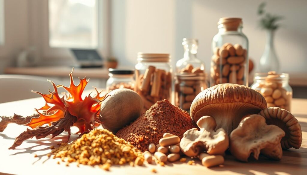 A tranquil, sun-dappled scene of adaptogens for mental clarity. In the foreground, an arrangement of botanical specimens - vibrant ashwagandha roots, earthy maca powder, and plump reishi mushrooms. Backlit by soft, warm lighting, casting delicate shadows. The middle ground showcases glass jars filled with adaptogenic tinctures and capsules, a testament to their potent medicinal properties. In the background, a minimalist, natural-toned workspace, hinting at the integrated role of these superfoods in a wellness-focused lifestyle. The overall mood is one of grounded focus, clarity, and holistic vitality. A tranquil, sun-dappled scene of adaptogens for mental clarity. In the foreground, an arrangement of botanical specimens - vibrant ashwagandha roots, earthy maca powder, and plump reishi mushrooms. Backlit by soft, warm lighting, casting delicate shadows. The middle ground showcases glass jars filled with adaptogenic tinctures and capsules, a testament to their potent medicinal properties. In the background, a minimalist, natural-toned workspace, hinting at the integrated role of these superfoods in a wellness-focused lifestyle. The overall mood is one of grounded focus, clarity, and holistic vitality.