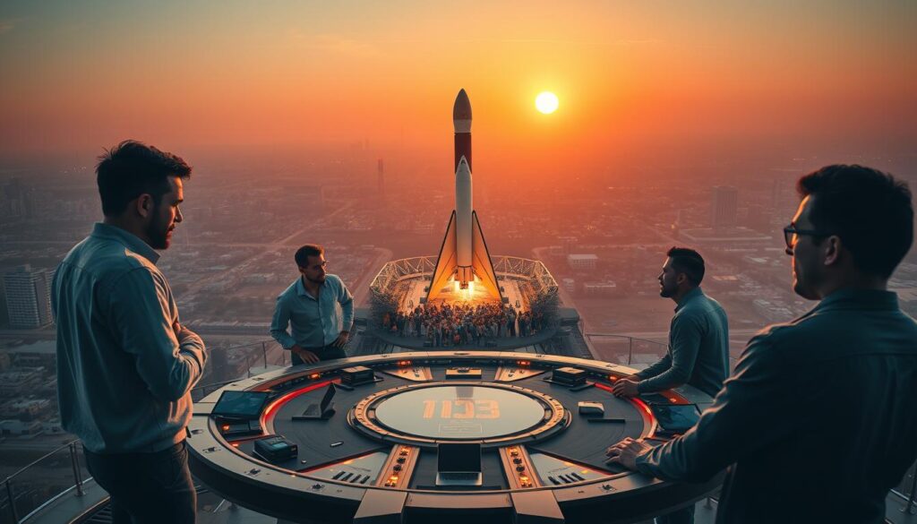 A vibrant and dynamic scene of effective launch strategies, captured in a cinematic style. In the foreground, a team of driven entrepreneurs strategize around a sleek, futuristic launch pad, their expressions determined as they discuss metrics and timelines. In the middle ground, a crowd gathers, their eyes fixed on a towering rocket, poised for liftoff. The background is a stunning vista of a city skyline, bathed in the warm glow of a setting sun, hinting at the success to come. The lighting is dramatic, with sharp shadows and highlights accentuating the sense of anticipation and momentum. The camera angle is slightly elevated, giving a bird's-eye view of the proceedings, capturing the scale and scope of the launch operation. A vibrant and dynamic scene of effective launch strategies, captured in a cinematic style. In the foreground, a team of driven entrepreneurs strategize around a sleek, futuristic launch pad, their expressions determined as they discuss metrics and timelines. In the middle ground, a crowd gathers, their eyes fixed on a towering rocket, poised for liftoff. The background is a stunning vista of a city skyline, bathed in the warm glow of a setting sun, hinting at the success to come. The lighting is dramatic, with sharp shadows and highlights accentuating the sense of anticipation and momentum. The camera angle is slightly elevated, giving a bird's-eye view of the proceedings, capturing the scale and scope of the launch operation.