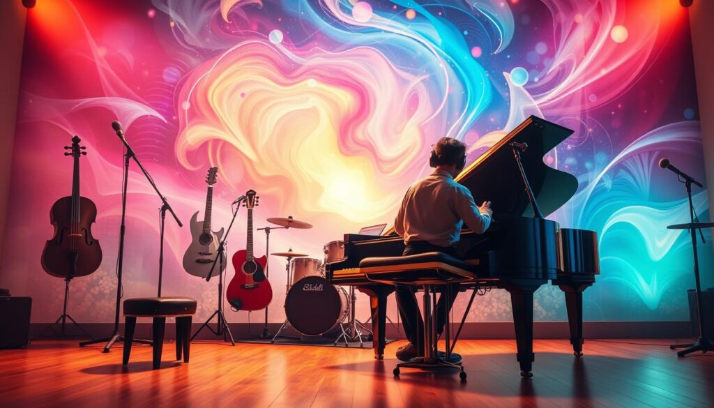A vibrant and imaginative scene of musical inspiration. In the foreground, a musician sits at a grand piano, their fingers dancing across the keys as they compose a captivating melody. The middle ground features various musical instruments - a guitar, a violin, and a drum kit - arranged in a visually striking composition. The background showcases a dreamy, ethereal landscape with swirling colors and abstract shapes, evoking a sense of creativity and innovation. Soft, warm lighting bathes the entire scene, creating a cozy and inviting atmosphere. The overall image conveys the idea of boundless musical exploration and the power of sound to ignite the imagination. A vibrant and imaginative scene of musical inspiration. In the foreground, a musician sits at a grand piano, their fingers dancing across the keys as they compose a captivating melody. The middle ground features various musical instruments - a guitar, a violin, and a drum kit - arranged in a visually striking composition. The background showcases a dreamy, ethereal landscape with swirling colors and abstract shapes, evoking a sense of creativity and innovation. Soft, warm lighting bathes the entire scene, creating a cozy and inviting atmosphere. The overall image conveys the idea of boundless musical exploration and the power of sound to ignite the imagination.