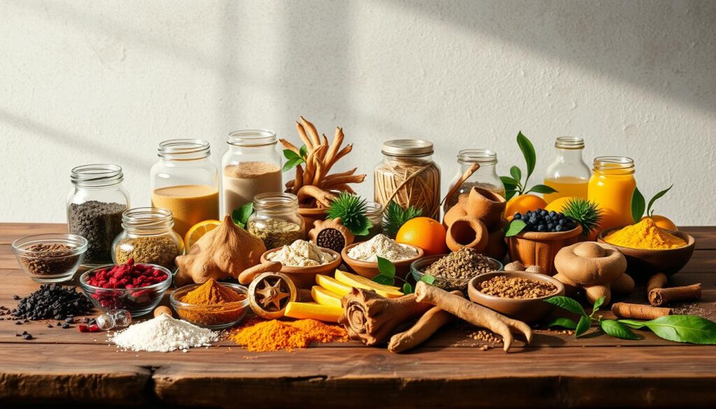 A vibrant array of popular adaptogens spread across a rustic wooden table, illuminated by soft, natural lighting. In the foreground, a collection of adaptogenic herbs and powders, including ashwagandha, maca, rhodiola, and reishi mushroom, arranged in elegant glass jars and bowls. In the middle ground, various fresh ingredients like ginger, turmeric, and citrus fruits, complementing the adaptogenic selection. The background features a neutral, textured wall, creating a warm, inviting atmosphere. The overall composition highlights the diversity and versatility of these powerful, health-boosting adaptogens. A vibrant array of popular adaptogens spread across a rustic wooden table, illuminated by soft, natural lighting. In the foreground, a collection of adaptogenic herbs and powders, including ashwagandha, maca, rhodiola, and reishi mushroom, arranged in elegant glass jars and bowls. In the middle ground, various fresh ingredients like ginger, turmeric, and citrus fruits, complementing the adaptogenic selection. The background features a neutral, textured wall, creating a warm, inviting atmosphere. The overall composition highlights the diversity and versatility of these powerful, health-boosting adaptogens.