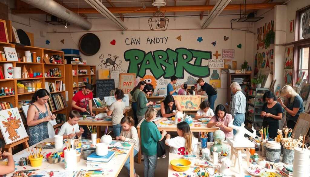 A vibrant community art studio, filled with an eclectic array of materials and works-in-progress. In the foreground, a group of diverse individuals, young and old, engaged in collaborative creation - painting, sculpting, and experimenting with various mediums. Shelves and tables display a diverse collection of unconventional, whimsical creations, showcasing the unbridled joy and freedom of self-expression. Warm, natural lighting filters through large windows, casting a soft glow and fostering a welcoming, inclusive atmosphere. In the background, a mural-covered wall serves as a canvas for the collective creativity, adding depth and a sense of shared artistic identity. An atmosphere of camaraderie, exploration, and the celebration of "bad art" permeates the space. A vibrant community art studio, filled with an eclectic array of materials and works-in-progress. In the foreground, a group of diverse individuals, young and old, engaged in collaborative creation - painting, sculpting, and experimenting with various mediums. Shelves and tables display a diverse collection of unconventional, whimsical creations, showcasing the unbridled joy and freedom of self-expression. Warm, natural lighting filters through large windows, casting a soft glow and fostering a welcoming, inclusive atmosphere. In the background, a mural-covered wall serves as a canvas for the collective creativity, adding depth and a sense of shared artistic identity. An atmosphere of camaraderie, exploration, and the celebration of "bad art" permeates the space.