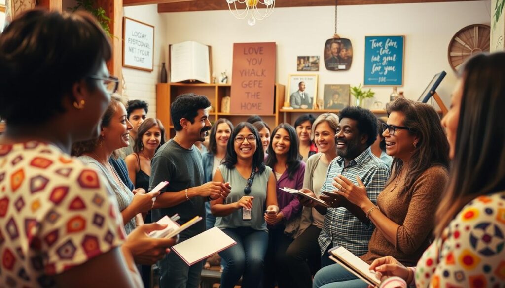 A vibrant community gathering in a cozy, well-lit space. In the foreground, a group of people engaged in lively discussion, their faces animated and expressions thoughtful. The middle ground reveals a diversity of individuals, some taking notes, others gesturing animatedly. The background features warm, earthy tones and natural lighting, creating an inviting and inspiring atmosphere. Shelves of books and inspirational decor line the walls, suggesting a space dedicated to personal growth and learning. A sense of camaraderie and shared purpose permeates the scene, capturing the essence of a thriving personal development community. A vibrant community gathering in a cozy, well-lit space. In the foreground, a group of people engaged in lively discussion, their faces animated and expressions thoughtful. The middle ground reveals a diversity of individuals, some taking notes, others gesturing animatedly. The background features warm, earthy tones and natural lighting, creating an inviting and inspiring atmosphere. Shelves of books and inspirational decor line the walls, suggesting a space dedicated to personal growth and learning. A sense of camaraderie and shared purpose permeates the scene, capturing the essence of a thriving personal development community.