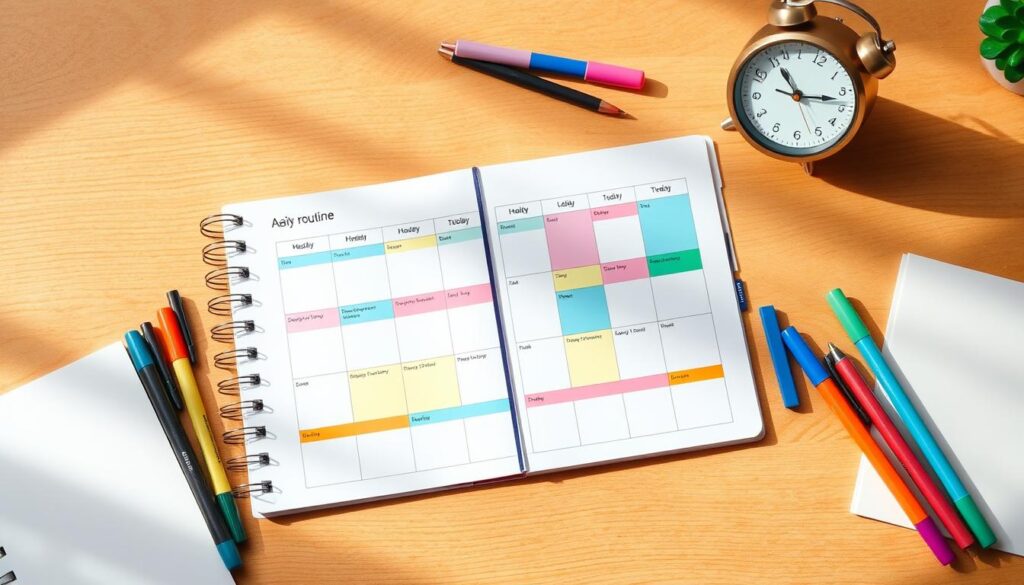 A vibrant daily routine planner, its pages meticulously organized against a warm wooden surface. Centered is a clean weekly schedule, with colorful sections for tasks, appointments, and notes. Surrounding it, an array of stationery essentials - pens, highlighters, and a modern desk clock providing a sense of time and productivity. Soft, natural lighting filters in, creating a calming, focused atmosphere suitable for planning and reflection. The overall scene conveys a sense of order, intentionality, and a readiness to adapt to changes in one's habits and daily life. A vibrant daily routine planner, its pages meticulously organized against a warm wooden surface. Centered is a clean weekly schedule, with colorful sections for tasks, appointments, and notes. Surrounding it, an array of stationery essentials - pens, highlighters, and a modern desk clock providing a sense of time and productivity. Soft, natural lighting filters in, creating a calming, focused atmosphere suitable for planning and reflection. The overall scene conveys a sense of order, intentionality, and a readiness to adapt to changes in one's habits and daily life.