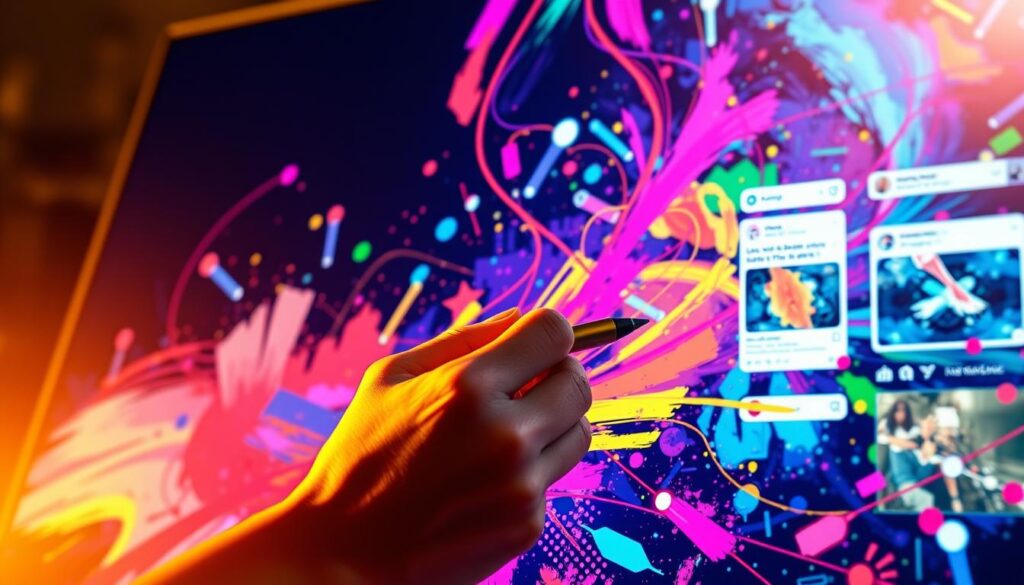 A vibrant digital canvas, alive with bold strokes, vibrant hues, and expressive gestures. In the foreground, a hand holds a stylus, tracing dynamic lines that flow across the screen, transforming a blank slate into a symphony of creative expression. The middle ground showcases a social media feed, where these digital artworks are shared, liked, and commented upon, sparking a vibrant dialogue. In the background, a kaleidoscope of digital devices, each a window into a world of creative potential, reflects the ever-evolving nature of artistic expression in the digital age. Warm lighting casts a glow, capturing the energy and excitement of the moment, where technology and creativity converge to inspire and empower. A vibrant digital canvas, alive with bold strokes, vibrant hues, and expressive gestures. In the foreground, a hand holds a stylus, tracing dynamic lines that flow across the screen, transforming a blank slate into a symphony of creative expression. The middle ground showcases a social media feed, where these digital artworks are shared, liked, and commented upon, sparking a vibrant dialogue. In the background, a kaleidoscope of digital devices, each a window into a world of creative potential, reflects the ever-evolving nature of artistic expression in the digital age. Warm lighting casts a glow, capturing the energy and excitement of the moment, where technology and creativity converge to inspire and empower.