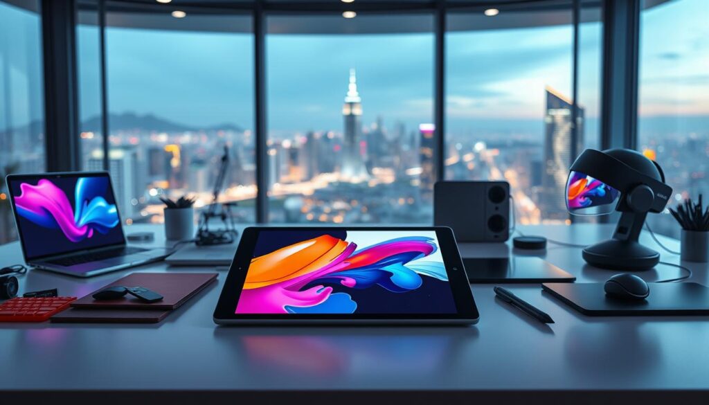 A vibrant digital workspace filled with an array of creative tools. In the foreground, a sleek tablet displays a digital canvas, with a stylus poised to unleash colorful strokes. Surrounding it, an assortment of devices - a laptop, a graphics tablet, and a futuristic-looking headset - each representing a different mode of digital expression. The middle ground features a minimalist desk, its clean lines complemented by the soft glow of ambient lighting. In the background, a panoramic window offers a breathtaking cityscape, hinting at the endless possibilities of the digital realm. The overall atmosphere is one of innovation, inspiration, and the seamless integration of technology and creativity. A vibrant digital workspace filled with an array of creative tools. In the foreground, a sleek tablet displays a digital canvas, with a stylus poised to unleash colorful strokes. Surrounding it, an assortment of devices - a laptop, a graphics tablet, and a futuristic-looking headset - each representing a different mode of digital expression. The middle ground features a minimalist desk, its clean lines complemented by the soft glow of ambient lighting. In the background, a panoramic window offers a breathtaking cityscape, hinting at the endless possibilities of the digital realm. The overall atmosphere is one of innovation, inspiration, and the seamless integration of technology and creativity.
