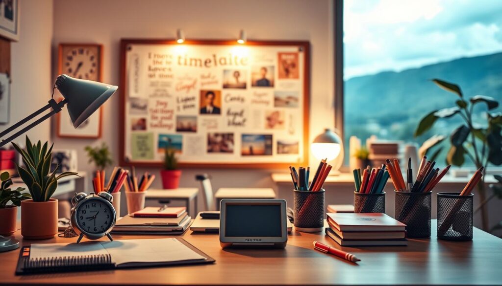 A vibrant, flexible workspace with an array of productivity tools and techniques. In the foreground, a desktop organizer with a timer, planner, and a variety of writing implements. Soft, indirect lighting illuminates the scene, creating a warm, focused atmosphere. In the middle ground, a vision board with inspiring quotes and images, encouraging adaptability and creativity. In the background, a large window overlooking a serene, natural landscape, symbolizing the importance of balance and perspective in time management.