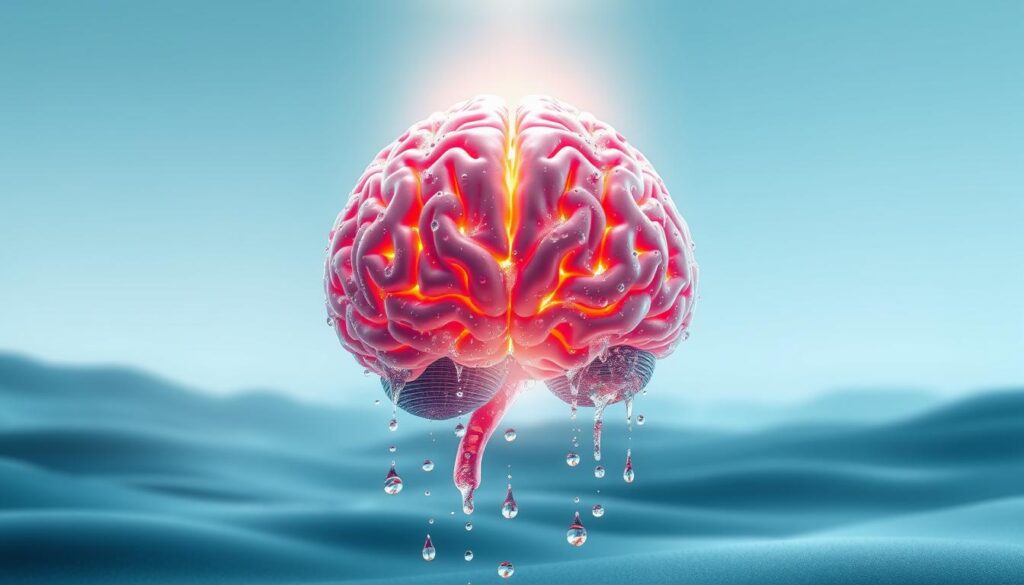 A vibrant, high-resolution digital illustration of a human brain filled with shimmering, translucent water droplets cascading down its intricate folds and crevices. The brain is positioned in the center of the frame, illuminated by a soft, diffused light from above, creating an ethereal, glowing effect. The background is a serene, minimalist landscape with subtle gradients of blues and grays, emphasizing the brain's prominent focus. The overall mood is one of clarity, tranquility, and heightened mental acuity.