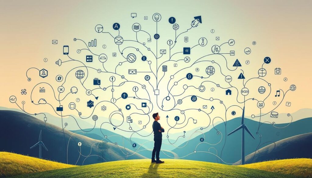 A vibrant landscape depicting the psychology of habit stacking, with a central figure standing amid a maze of interconnected paths and habits. The foreground shows a person in thoughtful pose, surrounded by a web of overlapping routines and behaviors, each represented by distinct icons and symbols. The middle ground features a labyrinth of branching pathways, representing the complex interplay of habits and their intricate connections. The background showcases a serene, minimalist environment, with soft lighting and a gentle color palette that evokes a sense of focus and clarity. The overall composition conveys the intricate nature of habit formation and the transformative power of systematically stacking routines for effortless self-improvement.