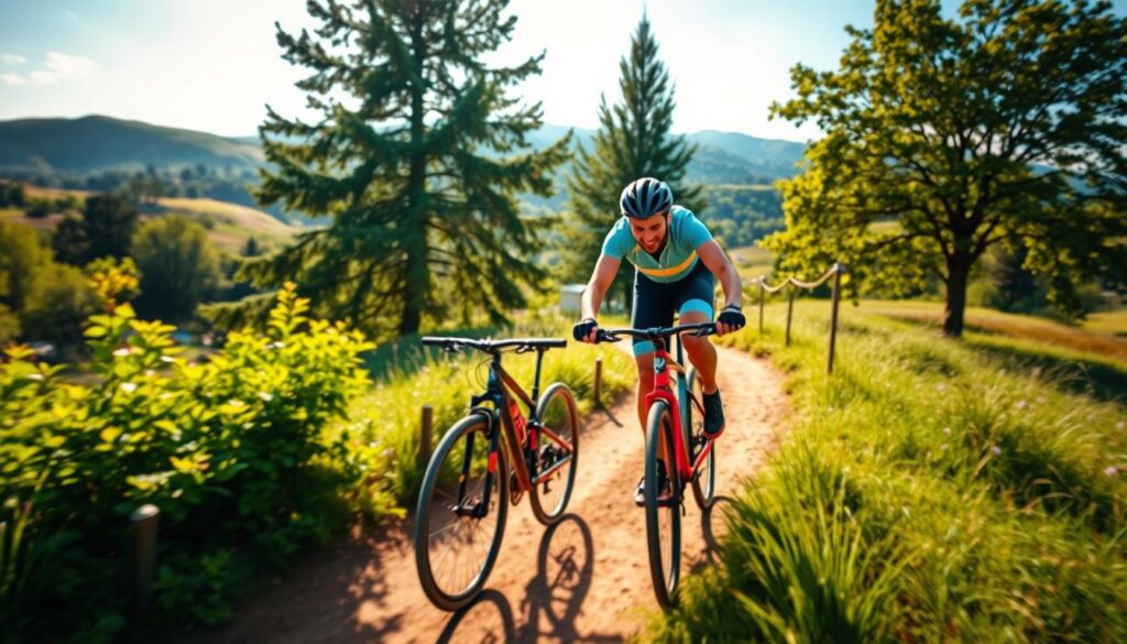 A vibrant outdoor scene captures the joy of cycling for fitness. In the foreground, a cyclist pedals a sleek mountain bike along a winding dirt trail, their expression exuding a sense of focused determination. The middle ground features lush, verdant foliage and towering trees, casting a warm, dappled light across the scene. In the background, rolling hills and a bright, open sky create a serene, picturesque backdrop. The overall composition evokes a sense of energy, adventure, and a connection to nature, perfectly capturing the "Cycling: Fun and Friendly" theme.