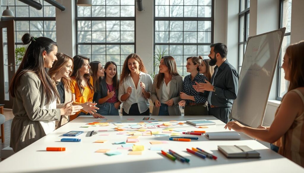 A vibrant scene of creative collaboration, captured in a warm, inviting studio. The foreground features a diverse group of professionals gathered around a large whiteboard, engaged in a lively brainstorming session. Their expressions are animated, with hands gesturing as they share ideas and connect concepts. The middle ground showcases an array of colorful sticky notes, markers, and other ideation tools, scattered across a sleek, minimalist table. In the background, floor-to-ceiling windows flood the space with natural light, casting a soft, diffused glow and enhancing the sense of openness and inspiration. The overall atmosphere is one of dynamic energy, open-mindedness, and the collective pursuit of innovative solutions. A vibrant scene of creative collaboration, captured in a warm, inviting studio. The foreground features a diverse group of professionals gathered around a large whiteboard, engaged in a lively brainstorming session. Their expressions are animated, with hands gesturing as they share ideas and connect concepts. The middle ground showcases an array of colorful sticky notes, markers, and other ideation tools, scattered across a sleek, minimalist table. In the background, floor-to-ceiling windows flood the space with natural light, casting a soft, diffused glow and enhancing the sense of openness and inspiration. The overall atmosphere is one of dynamic energy, open-mindedness, and the collective pursuit of innovative solutions.