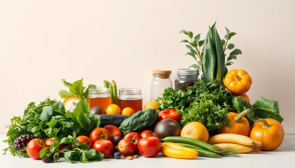 A vibrant still-life showcasing an array of fresh, wholesome ingredients against a clean, minimalist backdrop. In the foreground, a variety of leafy greens, crisp vegetables, and ripe fruits are artfully arranged, their colors and textures creating a visually appealing composition. The middle ground features an assortment of healthy sweeteners, such as honey, maple syrup, and stevia, presented in elegant glass jars or bowls. The background is a soft, neutral tone, allowing the natural hues of the produce to take center stage. Soft, diffused lighting illuminates the scene, casting gentle shadows and highlighting the natural lustre of the ingredients. The overall mood is one of simplicity, wellness, and a celebration of the goodness of nature.