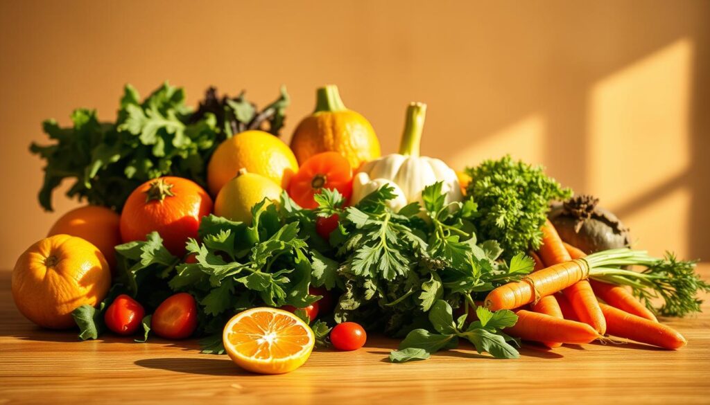 A vibrant still life showcasing the essence of nutrition, bathed in warm, golden light. In the foreground, an assortment of fresh fruits and vegetables - crisp leafy greens, juicy citrus, and crunchy carrots - arranged in an appealing composition. In the middle ground, a wooden table surface with subtle wood grain textures, complemented by a clean, minimalist backdrop. Soft shadows and highlights accentuate the textures and shapes, creating a sense of depth and dimension. The overall mood is one of nourishment, vitality, and the celebration of natural, wholesome ingredients - a visual representation of the importance of nutrition in daily life.