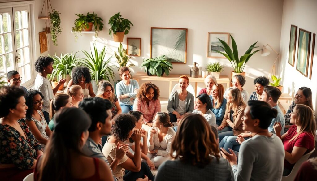 A vibrant, welcoming gathering of diverse individuals engaged in open, supportive dialogue around intuitive eating. The foreground features a group of people of varying ages, body types, and ethnicities, seated comfortably in a cozy, sun-filled room, their expressions warm and attentive. In the middle ground, smaller clusters of people engage in animated conversations, gesturing thoughtfully. The background depicts a serene, nature-inspired setting, with potted plants, soft lighting, and hints of soothing artwork on the walls, creating an atmosphere of calm introspection and camaraderie. The overall scene conveys a sense of community, empowerment, and a shared journey towards holistic, intuitive wellness. A vibrant, welcoming gathering of diverse individuals engaged in open, supportive dialogue around intuitive eating. The foreground features a group of people of varying ages, body types, and ethnicities, seated comfortably in a cozy, sun-filled room, their expressions warm and attentive. In the middle ground, smaller clusters of people engage in animated conversations, gesturing thoughtfully. The background depicts a serene, nature-inspired setting, with potted plants, soft lighting, and hints of soothing artwork on the walls, creating an atmosphere of calm introspection and camaraderie. The overall scene conveys a sense of community, empowerment, and a shared journey towards holistic, intuitive wellness.