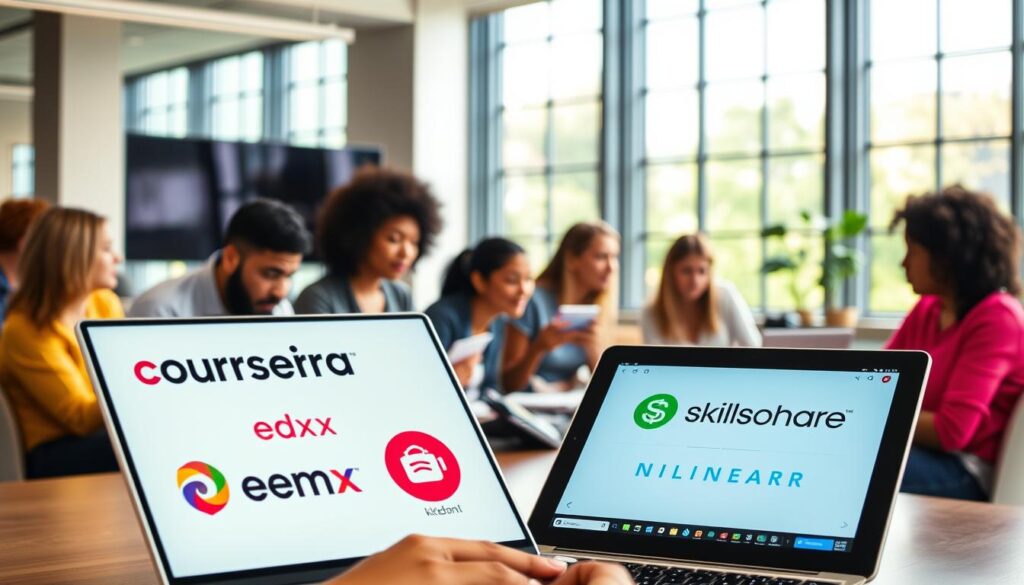 A vibrant, well-lit scene depicting several prominent online learning platforms. In the foreground, a laptop or tablet displays the logos and interfaces of popular e-learning services like Coursera, edX, Udemy, and Skillshare. In the middle ground, students of diverse backgrounds engage with course content, taking notes and watching video lectures. The background features a modern, minimalist office setting with large windows, allowing natural light to stream in and create a warm, inviting atmosphere. The overall composition conveys a sense of productivity, accessibility, and the transformative power of online education. A vibrant, well-lit scene depicting several prominent online learning platforms. In the foreground, a laptop or tablet displays the logos and interfaces of popular e-learning services like Coursera, edX, Udemy, and Skillshare. In the middle ground, students of diverse backgrounds engage with course content, taking notes and watching video lectures. The background features a modern, minimalist office setting with large windows, allowing natural light to stream in and create a warm, inviting atmosphere. The overall composition conveys a sense of productivity, accessibility, and the transformative power of online education.