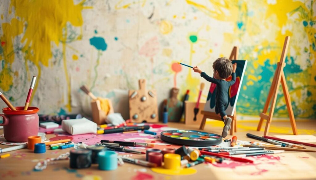 A vibrant, whimsical scene of artistic expression. In the foreground, a figure engages in an expressive, freestyle painting session, their brush strokes bold and uninhibited. The middle ground features an array of art supplies - paints, brushes, and a palette - haphazardly arranged, conveying a sense of creative abandon. In the background, a subtly textured, abstract backdrop serves as a vivid, colorful stage for this artistic exploration. The lighting is soft and natural, casting a warm, encouraging glow over the entire scene. The overall mood is one of playful, joyful creativity - a celebration of the process over the final product. A vibrant, whimsical scene of artistic expression. In the foreground, a figure engages in an expressive, freestyle painting session, their brush strokes bold and uninhibited. The middle ground features an array of art supplies - paints, brushes, and a palette - haphazardly arranged, conveying a sense of creative abandon. In the background, a subtly textured, abstract backdrop serves as a vivid, colorful stage for this artistic exploration. The lighting is soft and natural, casting a warm, encouraging glow over the entire scene. The overall mood is one of playful, joyful creativity - a celebration of the process over the final product.