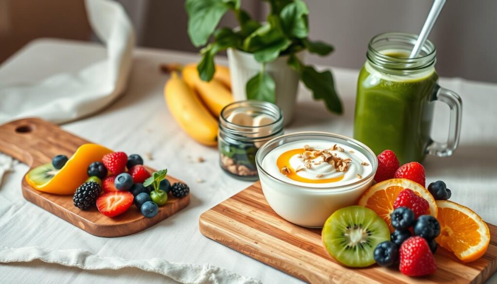 A visually appealing still life composition capturing a selection of nutritious breakfast items. In the foreground, a wooden cutting board hosts a variety of fresh fruits like sliced kiwi, berries, and orange wedges, artfully arranged. In the middle ground, a bowl of creamy Greek yogurt is topped with a sprinkle of granola and a drizzle of honey. To the side, a small glass jar contains a vibrant green smoothie made with leafy greens, bananas, and almond milk. The background features a linen tablecloth in a soothing neutral tone, with a potted plant adding a touch of greenery. The lighting is soft and natural, creating a warm, inviting atmosphere.