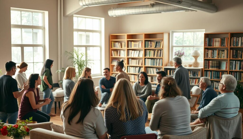A warm and inviting community gathering space, bathed in soft natural light filtering through large windows. In the foreground, a diverse group of people engaged in thoughtful discussions, their body language conveying a sense of openness and camaraderie. The middle ground features cozy seating areas and comfortable furnishings, encouraging relaxed interaction. In the background, shelves brimming with books and resources on personal development, creating an atmosphere of learning and growth. The overall scene evokes a welcoming, supportive environment where individuals can come together to share ideas, offer guidance, and nurture one another's journeys of self-improvement. A warm and inviting community gathering space, bathed in soft natural light filtering through large windows. In the foreground, a diverse group of people engaged in thoughtful discussions, their body language conveying a sense of openness and camaraderie. The middle ground features cozy seating areas and comfortable furnishings, encouraging relaxed interaction. In the background, shelves brimming with books and resources on personal development, creating an atmosphere of learning and growth. The overall scene evokes a welcoming, supportive environment where individuals can come together to share ideas, offer guidance, and nurture one another's journeys of self-improvement.