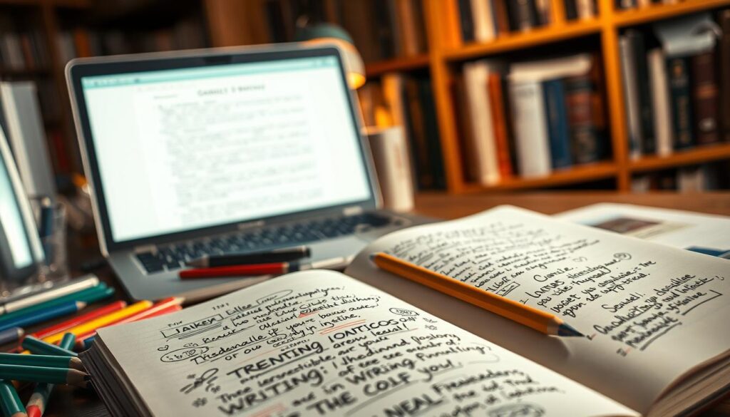 A well-lit, detailed study of creative writing prompts. In the foreground, an open journal with handwritten ideas and doodles, surrounded by a scatter of colorful pens, pencils, and highlighters. In the middle ground, a laptop with a document open, the screen casting a soft glow. In the background, a bookshelf filled with tomes on the craft of writing, a cozy lamp illuminating the scene. The overall mood is one of focused inspiration, where the tools of the trade converge to ignite the imagination. A well-lit, detailed study of creative writing prompts. In the foreground, an open journal with handwritten ideas and doodles, surrounded by a scatter of colorful pens, pencils, and highlighters. In the middle ground, a laptop with a document open, the screen casting a soft glow. In the background, a bookshelf filled with tomes on the craft of writing, a cozy lamp illuminating the scene. The overall mood is one of focused inspiration, where the tools of the trade converge to ignite the imagination.
