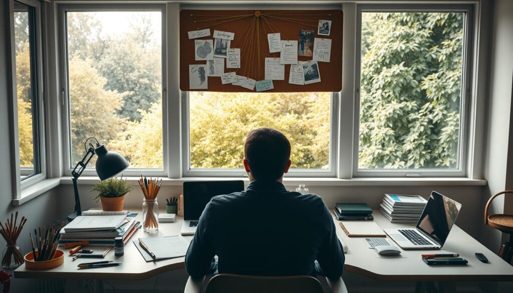 A well-lit, high-resolution image of a serene, minimalist home office with large windows overlooking a lush, verdant garden. On the desk, a variety of creative tools and supplies are neatly arranged - paintbrushes, sketchbooks, a calligraphy set, and a laptop. Above the desk, a corkboard displays a collage of inspiring images, sketches, and handwritten notes, all connected by colorful strings. The warm, natural lighting casts a soft glow, creating an atmosphere of focus and contemplation. In the foreground, a person sits comfortably at the desk, deep in thought, their face partially obscured as they consider their next artistic endeavor. The overall scene exudes a sense of productivity, imagination, and the pursuit of creative goals. A well-lit, high-resolution image of a serene, minimalist home office with large windows overlooking a lush, verdant garden. On the desk, a variety of creative tools and supplies are neatly arranged - paintbrushes, sketchbooks, a calligraphy set, and a laptop. Above the desk, a corkboard displays a collage of inspiring images, sketches, and handwritten notes, all connected by colorful strings. The warm, natural lighting casts a soft glow, creating an atmosphere of focus and contemplation. In the foreground, a person sits comfortably at the desk, deep in thought, their face partially obscured as they consider their next artistic endeavor. The overall scene exudes a sense of productivity, imagination, and the pursuit of creative goals.