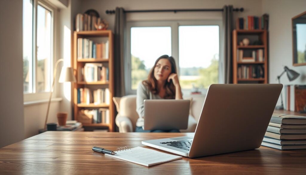 A well-lit home office setting, with a wooden desk in the foreground featuring an open laptop, a pen, and a notepad. In the middle ground, a woman in casual attire sits contemplatively, her gaze focused on the laptop screen as she considers potential blog topics. The background showcases a bookshelf filled with various books and a large window overlooking a tranquil outdoor scene, providing a sense of inspiration and creativity. The lighting is warm and inviting, with a touch of natural sunlight filtering through the window. The overall atmosphere is one of thoughtful deliberation, as the woman navigates the process of selecting the perfect blog topic. A well-lit home office setting, with a wooden desk in the foreground featuring an open laptop, a pen, and a notepad. In the middle ground, a woman in casual attire sits contemplatively, her gaze focused on the laptop screen as she considers potential blog topics. The background showcases a bookshelf filled with various books and a large window overlooking a tranquil outdoor scene, providing a sense of inspiration and creativity. The lighting is warm and inviting, with a touch of natural sunlight filtering through the window. The overall atmosphere is one of thoughtful deliberation, as the woman navigates the process of selecting the perfect blog topic.