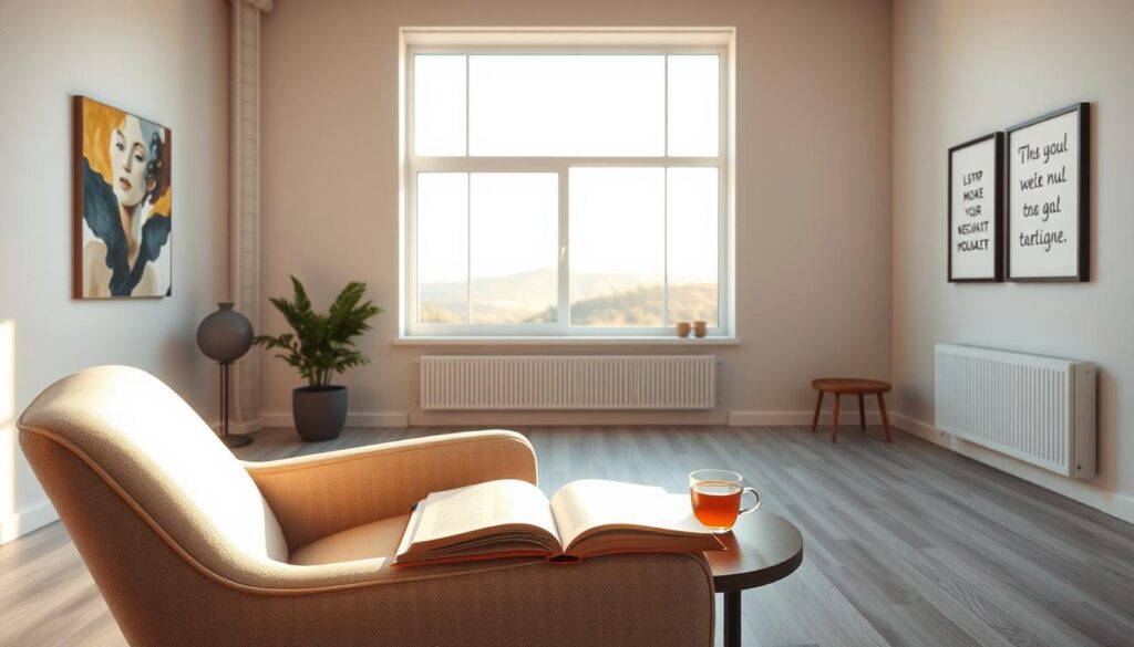 A well-lit interior scene, a spacious room with clean, minimalist design. In the foreground, an armchair with a soft, neutral upholstery. On a side table, an open book and a cup of tea, suggesting a contemplative atmosphere. In the middle ground, a large window overlooking a peaceful, natural landscape, casting warm, diffused light into the space. On the walls, abstract artwork and framed motivational phrases, hinting at the cognitive behavioral strategies theme. The overall mood is one of calm, clarity, and introspection, inviting the viewer to engage in the process of reframing negative thoughts. A well-lit interior scene, a spacious room with clean, minimalist design. In the foreground, an armchair with a soft, neutral upholstery. On a side table, an open book and a cup of tea, suggesting a contemplative atmosphere. In the middle ground, a large window overlooking a peaceful, natural landscape, casting warm, diffused light into the space. On the walls, abstract artwork and framed motivational phrases, hinting at the cognitive behavioral strategies theme. The overall mood is one of calm, clarity, and introspection, inviting the viewer to engage in the process of reframing negative thoughts.