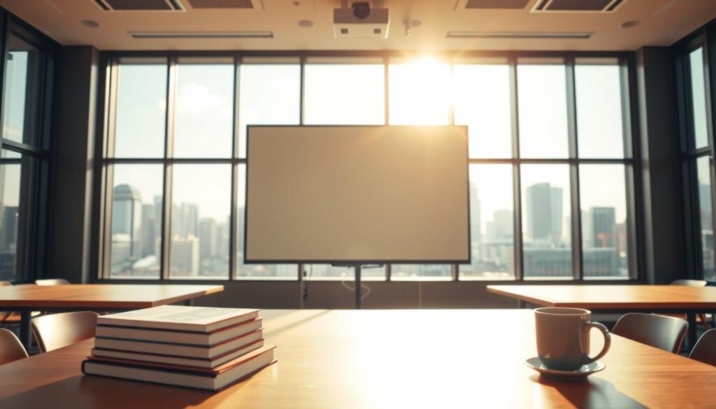 A well-lit, modern classroom setting with a large whiteboard or projection screen at the center. In the foreground, a stack of textbooks, a laptop, and a cup of coffee sit on a minimalist desk. Through the windows, a cityscape with skyscrapers and a bright, sunny sky is visible. The mood is focused, productive, and conducive to online learning. The lighting is natural, with warm tones enhancing the atmosphere. The camera angle is slightly elevated, creating a sense of openness and inviting the viewer to imagine themselves in this productive, digital learning environment. A well-lit, modern classroom setting with a large whiteboard or projection screen at the center. In the foreground, a stack of textbooks, a laptop, and a cup of coffee sit on a minimalist desk. Through the windows, a cityscape with skyscrapers and a bright, sunny sky is visible. The mood is focused, productive, and conducive to online learning. The lighting is natural, with warm tones enhancing the atmosphere. The camera angle is slightly elevated, creating a sense of openness and inviting the viewer to imagine themselves in this productive, digital learning environment.