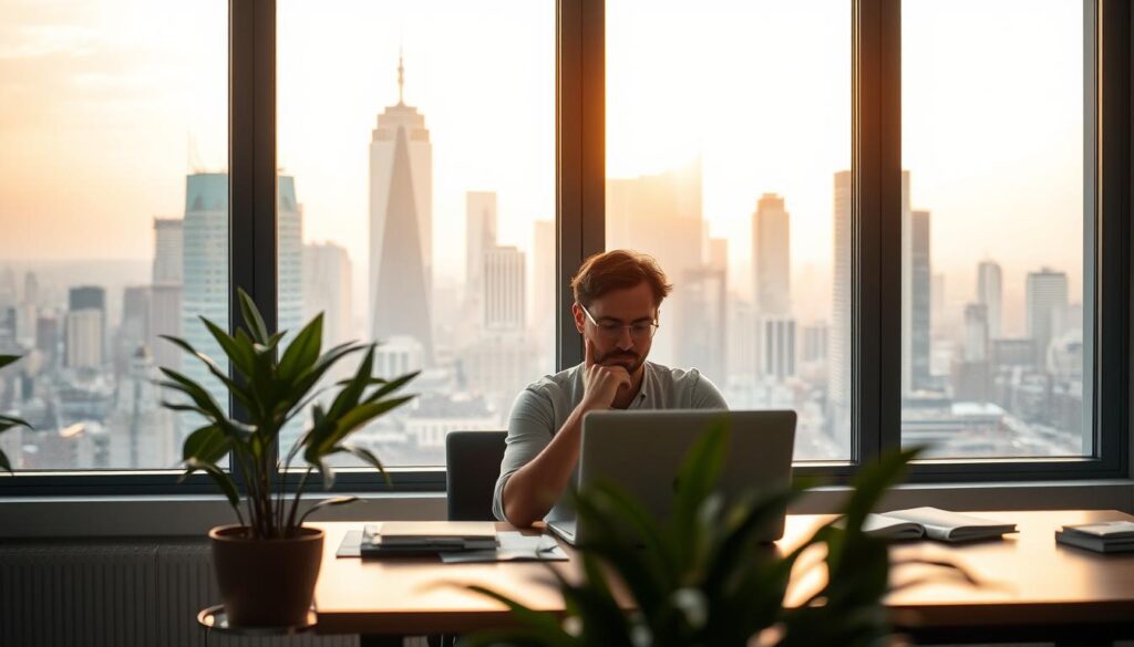 A well-lit office scene, with a desk, chair, and a potted plant in the foreground. In the middle ground, a person sitting at the desk, intently focused on their laptop, with a thoughtful, yet determined expression. The background features a large window overlooking a bustling city skyline, bathed in the warm glow of the afternoon sun. The overall atmosphere is one of focused productivity, with a sense of renewed energy and optimism after a period of rest and reflection. A well-lit office scene, with a desk, chair, and a potted plant in the foreground. In the middle ground, a person sitting at the desk, intently focused on their laptop, with a thoughtful, yet determined expression. The background features a large window overlooking a bustling city skyline, bathed in the warm glow of the afternoon sun. The overall atmosphere is one of focused productivity, with a sense of renewed energy and optimism after a period of rest and reflection.