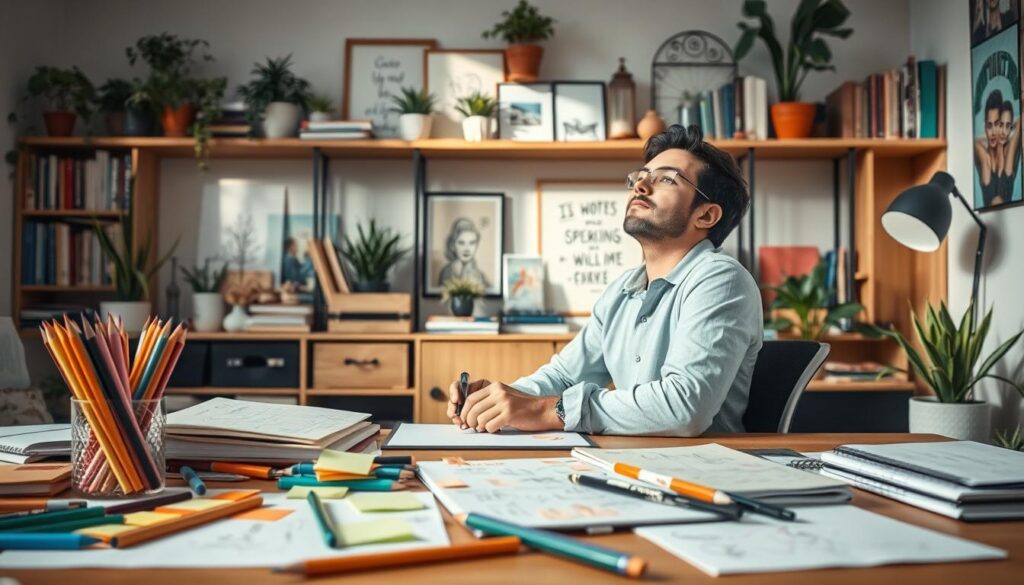 A well-lit studio scene featuring a person sitting at a desk, engaged in creative thinking techniques. The foreground showcases various art supplies and stationery - colored pencils, sketchbooks, sticky notes, and a pen-and-paper brainstorming session. The middle ground shows the person leaning back, deep in thought, with an expression of concentration. The background has shelves filled with books, plants, and inspirational artwork, creating a cozy, productive atmosphere. The lighting is soft and natural, highlighting the textures and colors, and casting gentle shadows. The overall mood is one of focused creativity and the pursuit of innovative ideas. A well-lit studio scene featuring a person sitting at a desk, engaged in creative thinking techniques. The foreground showcases various art supplies and stationery - colored pencils, sketchbooks, sticky notes, and a pen-and-paper brainstorming session. The middle ground shows the person leaning back, deep in thought, with an expression of concentration. The background has shelves filled with books, plants, and inspirational artwork, creating a cozy, productive atmosphere. The lighting is soft and natural, highlighting the textures and colors, and casting gentle shadows. The overall mood is one of focused creativity and the pursuit of innovative ideas.