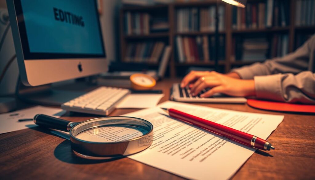 A well-lit workspace with a desk, computer, and various editing tools. In the foreground, a magnifying glass and a red pen lie on top of a printed document, symbolizing the close attention to detail required for editing and proofreading. In the middle ground, a person's hands type on a keyboard, focused on refining the text. The background features bookshelves and reference materials, creating an atmosphere of scholarly diligence. The lighting is warm and inviting, conveying the care and precision needed to craft a polished and error-free piece of writing. A well-lit workspace with a desk, computer, and various editing tools. In the foreground, a magnifying glass and a red pen lie on top of a printed document, symbolizing the close attention to detail required for editing and proofreading. In the middle ground, a person's hands type on a keyboard, focused on refining the text. The background features bookshelves and reference materials, creating an atmosphere of scholarly diligence. The lighting is warm and inviting, conveying the care and precision needed to craft a polished and error-free piece of writing.