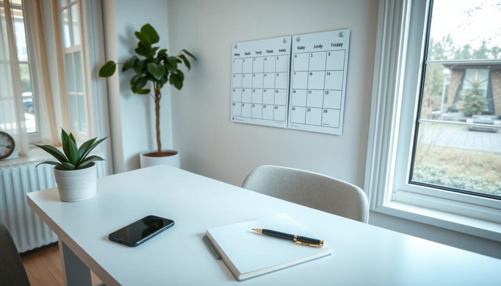 A well-organized home office with a minimalist desk, a potted plant, and a wall calendar showcasing daily routines. Soft, natural lighting filters through large windows, creating a serene and focused atmosphere. A smartphone, notebook, and pen lie neatly on the desk, suggesting productivity and time management. The camera angle is slightly elevated, providing a bird's-eye view of the workspace, emphasizing the deliberate arrangement of the environment. The overall mood is one of calm efficiency, reflecting the principles of the Pomodoro Technique and effective daily routines.