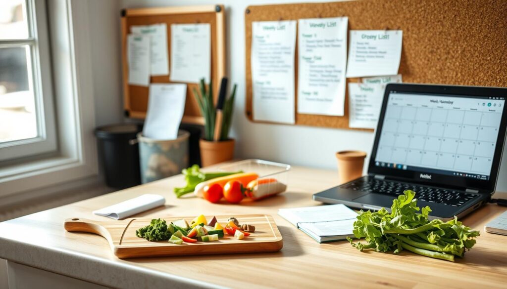 A well-organized kitchen countertop with a cutting board, freshly chopped vegetables, a recipe book, and a laptop displaying a meal planning calendar. Soft, natural lighting from a nearby window casts a warm glow, creating a cozy and inviting atmosphere. In the background, a corkboard showcases weekly meal plans and grocery lists, reflecting a thoughtful approach to meal preparation. The overall scene conveys a sense of order, productivity, and a commitment to healthy living. A well-organized kitchen countertop with a cutting board, freshly chopped vegetables, a recipe book, and a laptop displaying a meal planning calendar. Soft, natural lighting from a nearby window casts a warm glow, creating a cozy and inviting atmosphere. In the background, a corkboard showcases weekly meal plans and grocery lists, reflecting a thoughtful approach to meal preparation. The overall scene conveys a sense of order, productivity, and a commitment to healthy living.