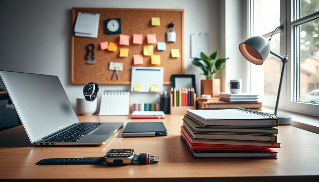 A well-organized workspace with an array of neatly arranged time management tools. In the foreground, a minimalist desk with a sleek laptop, a high-tech smartwatch, and a stack of color-coded notebooks. The middle ground features a corkboard adorned with sticky notes, a desktop calendar, and a stylish desk organizer. The background showcases a window with natural light filtering in, creating a serene and productive atmosphere. The scene is captured with a wide-angle lens, emphasizing the harmonious balance of digital and analog tools. The lighting is soft and diffused, casting a warm, focused glow over the workspace, reflecting the efficiency and organization of the time management tools. A well-organized workspace with an array of neatly arranged time management tools. In the foreground, a minimalist desk with a sleek laptop, a high-tech smartwatch, and a stack of color-coded notebooks. The middle ground features a corkboard adorned with sticky notes, a desktop calendar, and a stylish desk organizer. The background showcases a window with natural light filtering in, creating a serene and productive atmosphere. The scene is captured with a wide-angle lens, emphasizing the harmonious balance of digital and analog tools. The lighting is soft and diffused, casting a warm, focused glow over the workspace, reflecting the efficiency and organization of the time management tools.
