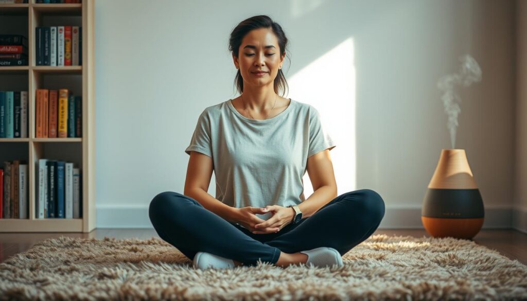 A woman sitting cross-legged on a plush, earthy-toned rug, her hands resting gently on her lap. Soft, natural lighting filters through a window, casting a warm glow on her serene expression. In the background, a bookshelf with titles on mindfulness and self-care books. An aroma diffuser emits soothing essential oils, creating a calming, introspective atmosphere. The woman's posture and facial features convey a sense of self-acceptance and inner peace, embodying the practice of self-compassion. A woman sitting cross-legged on a plush, earthy-toned rug, her hands resting gently on her lap. Soft, natural lighting filters through a window, casting a warm glow on her serene expression. In the background, a bookshelf with titles on mindfulness and self-care books. An aroma diffuser emits soothing essential oils, creating a calming, introspective atmosphere. The woman's posture and facial features convey a sense of self-acceptance and inner peace, embodying the practice of self-compassion.