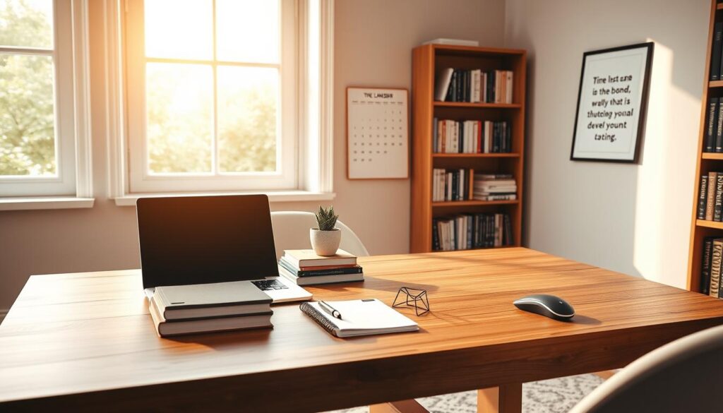 An elegant home office setting, bathed in warm, diffuse lighting from a large window. On a spacious wooden desk, a laptop, a stack of books, and a geometric desk organizer arrange a curated display of productivity tools - a notebook, a fountain pen, a potted plant, and a sleek wireless mouse. A minimalist wall calendar and a framed motivational artwork adorn the neutral-toned walls, creating an atmosphere of focus and inspiration. In the background, a bookshelf filled with titles on time management and personal development hints at the owner's commitment to continuous learning and self-improvement. The overall composition conveys a sense of organization, clarity, and mindful attention to one's work and personal growth.