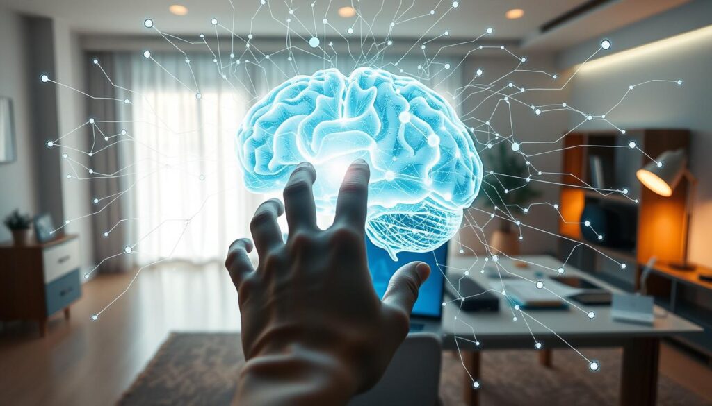 An external brain seamlessly integrated with daily life, a harmonious fusion of analog and digital. In the foreground, a human hand intuitively interacts with a holographic interface, manipulating streams of information. Surrounding this focal point, a network of neural pathways and data nodes form a vibrant, interconnected landscape. In the background, a serene workspace bathed in soft, ambient lighting, where physical and virtual elements coexist in perfect balance. Subtle metallic accents and a futuristic, minimalist aesthetic convey a sense of sophisticated, cutting-edge technology. The overall mood is one of effortless productivity, enhanced cognition, and the boundless potential of human-machine collaboration.